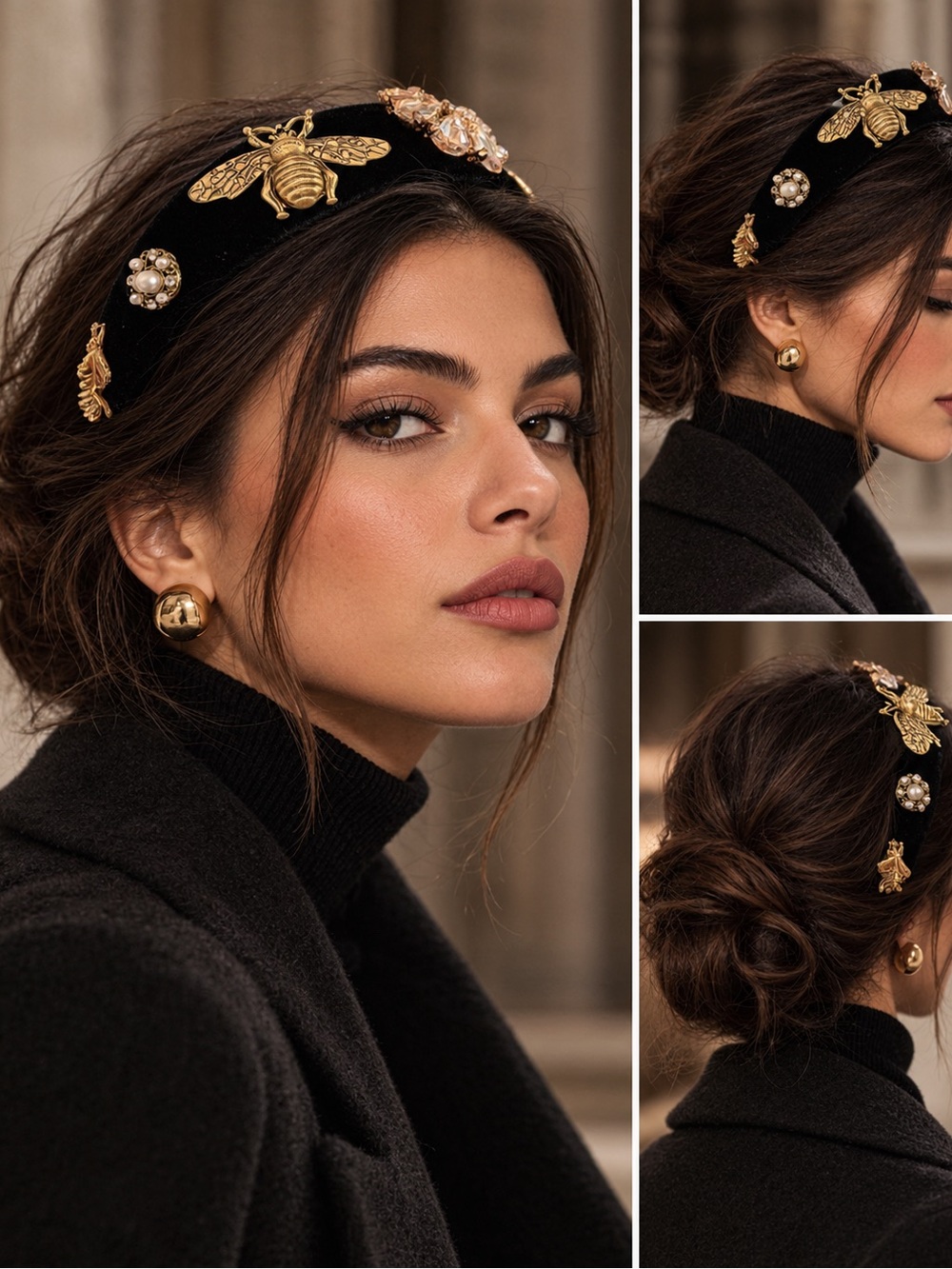 Headband with Gold Bee and Pearl Accents